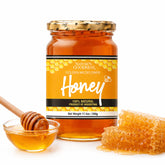 Nature's Goodness front label on glass jar showing golden honey, attractive for gifting