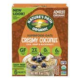 Nature's Path front box view showing organic creamy coconut oatmeal and benefits