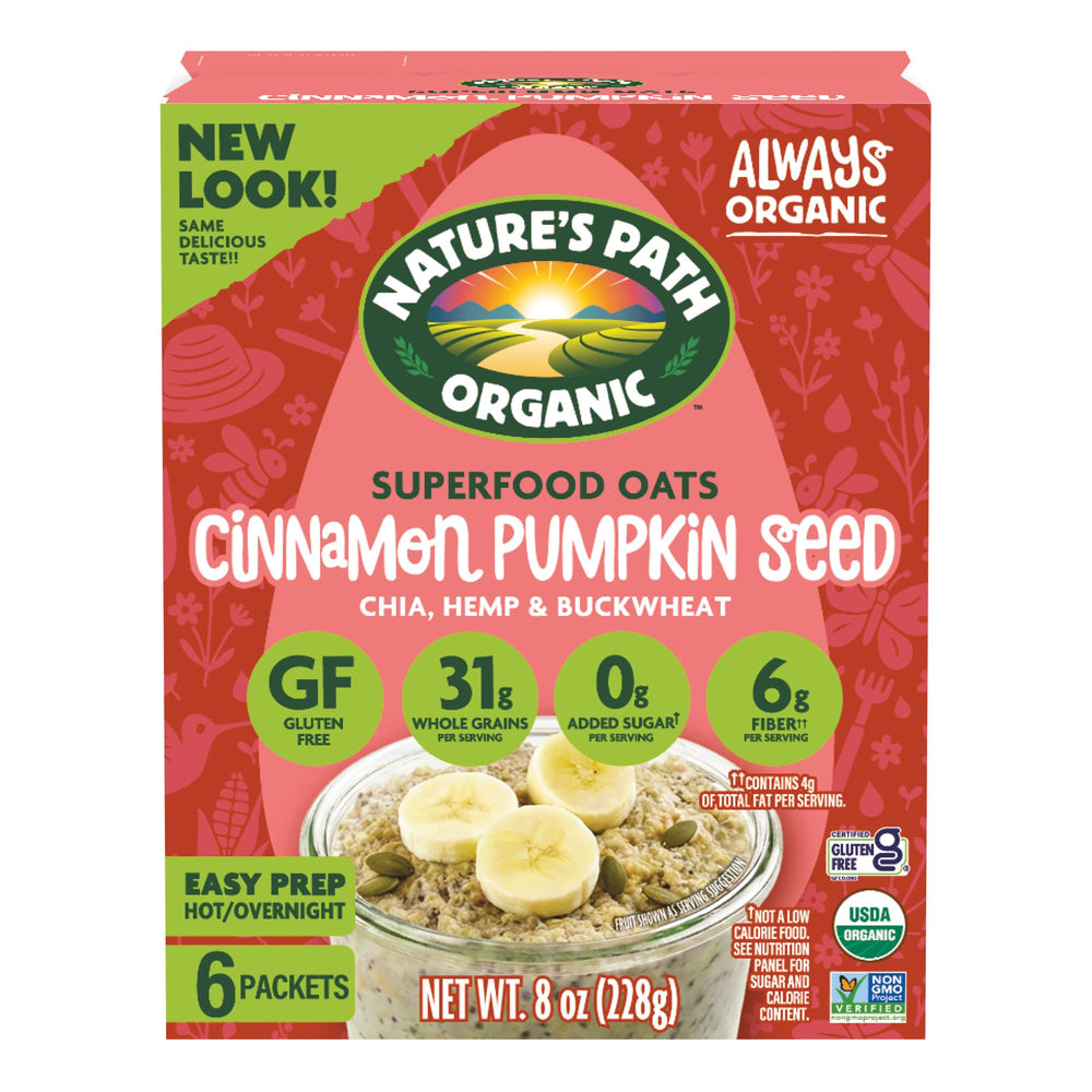 Nature's Path front box packaging showing product branding and cinnamon pumpkin oat details and convenience