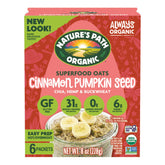 Nature's Path front box packaging showing product branding and cinnamon pumpkin oat details and convenience
