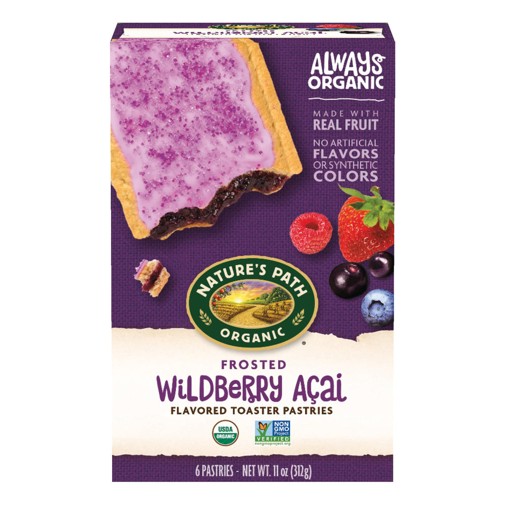 Nature's Path front packaging showing organic wildberry açai boxes and benefits
