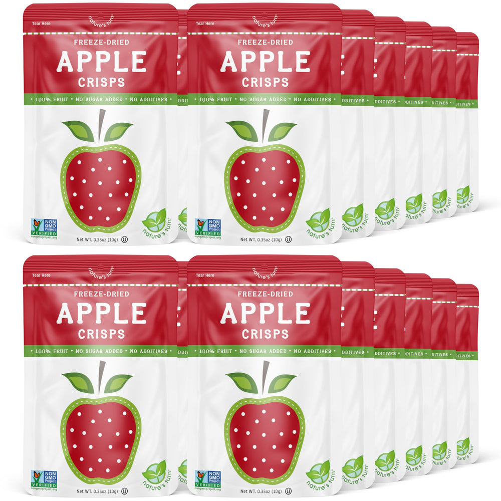 Nature's Turn front packaging showing 24-bag apple crisps and benefits