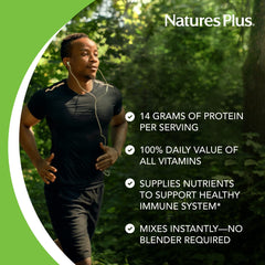 NaturesPlus SPIRU-TEIN scoop with powder showing serving size and convenience