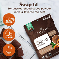 Navitas Organics close-up of powder texture highlighting pure cacao richness