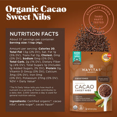 Close-up of Navitas Organics cacao nibs texture showing crunchy dark cacao bits and natural color