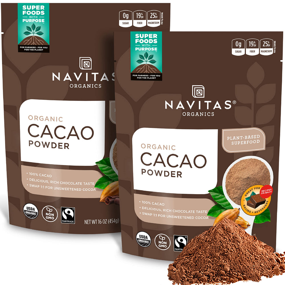 Navitas Organics front packaging showing two 16 oz. bags and benefits