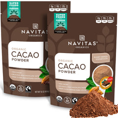 Navitas Organics front packaging showing two 16 oz. bags and benefits