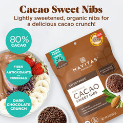 Bowl of Navitas Organics cacao nibs ready to sprinkle, adds chocolate crunch to meals