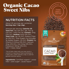 Navitas Organics close-up of cacao nibs texture highlighting crunchy flavor benefit