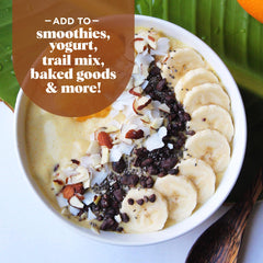 Navitas Organics nibs sprinkled on smoothie bowl adding antioxidants and crunch