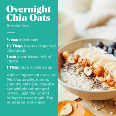 Navitas Organics chia seeds scoop portion on wooden spoon showing serving size benefit: simple measuring