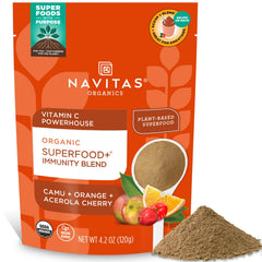 Navitas Organics front packaging showing product name and servings beneficial convenience