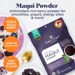 Navitas Organics maqui powder in a smoothie bowl adding vibrant color and easy serving