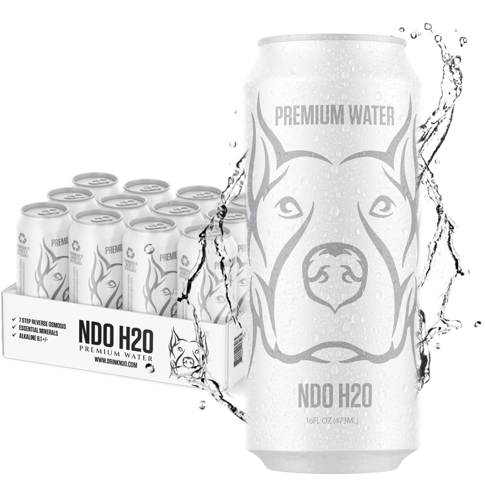 NDO H2O front packaging 12-pack showing recyclable cans and branding benefits