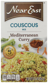 Near East front of box showing Mediterranean Curry couscous and quick preparation benefit