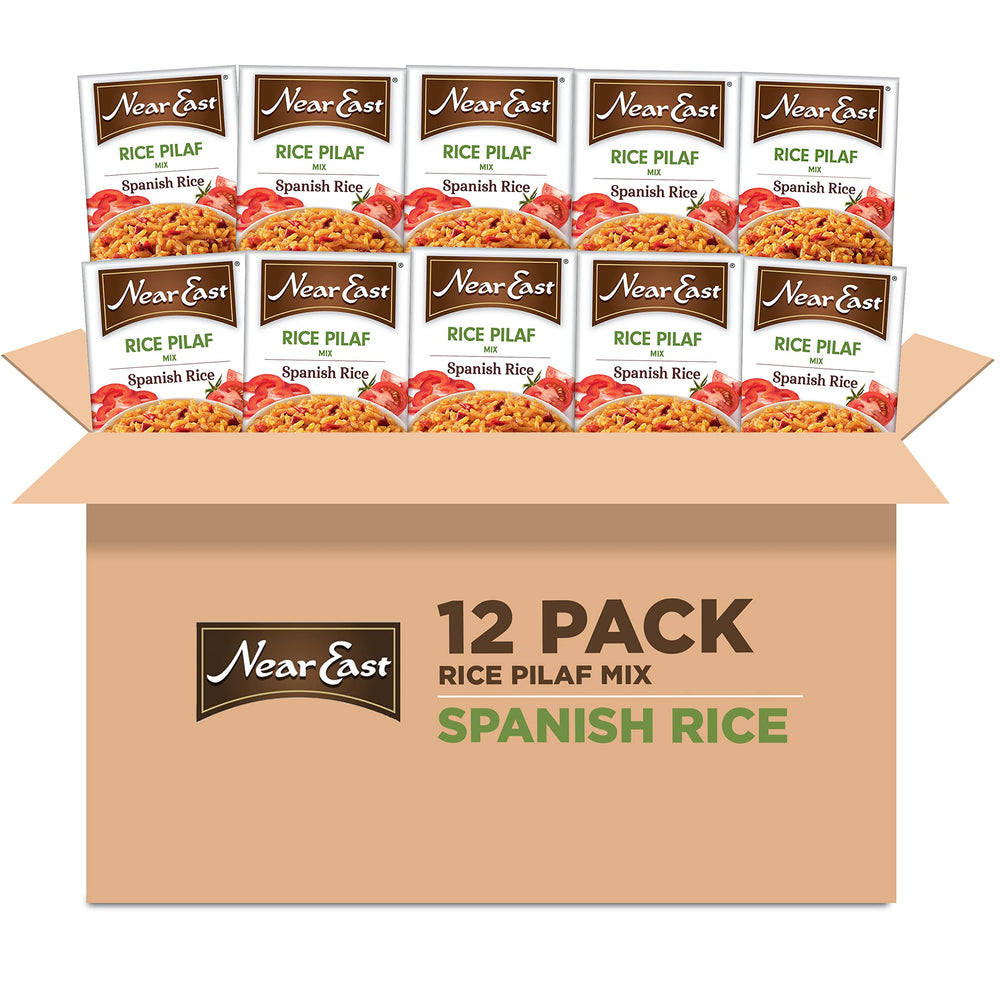 Near East box front view showing product branding and zesty Spanish rice benefits