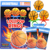 Needzo front packaging showing 18 basketball lollipop rings and festive design
