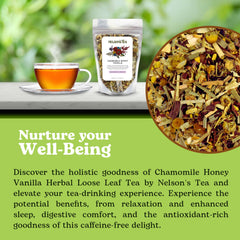 Nelson's Tea steeped cup pouring amber infusion showing calming warm beverage experience