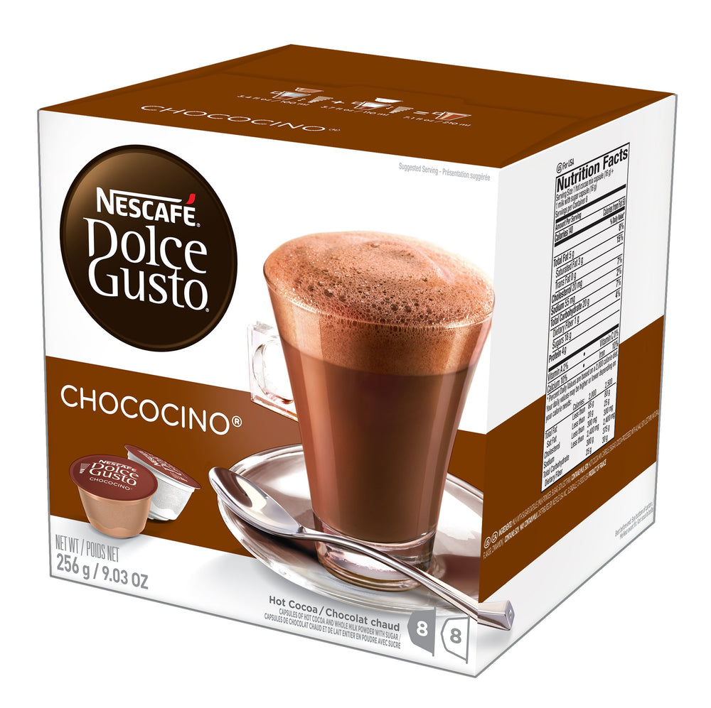 NESCAFÉ Dolce Gusto front packaging showing Chococino pods and serving suggestion benefit of convenience