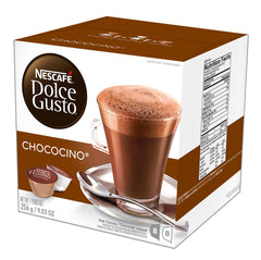 NESCAFÉ Dolce Gusto front packaging showing Chococino pods and serving suggestion benefit of convenience