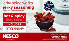 NESCO HJ-18 front packaging showing nine hot and spicy jerky pouches for easy snacking