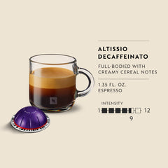 Nespresso Altissio Decaffeinato rich crema close-up conveying velvety texture and full body