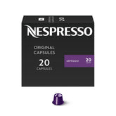 Nespresso Arpeggio front packaging showing 20-count pods and intensity 9 benefit