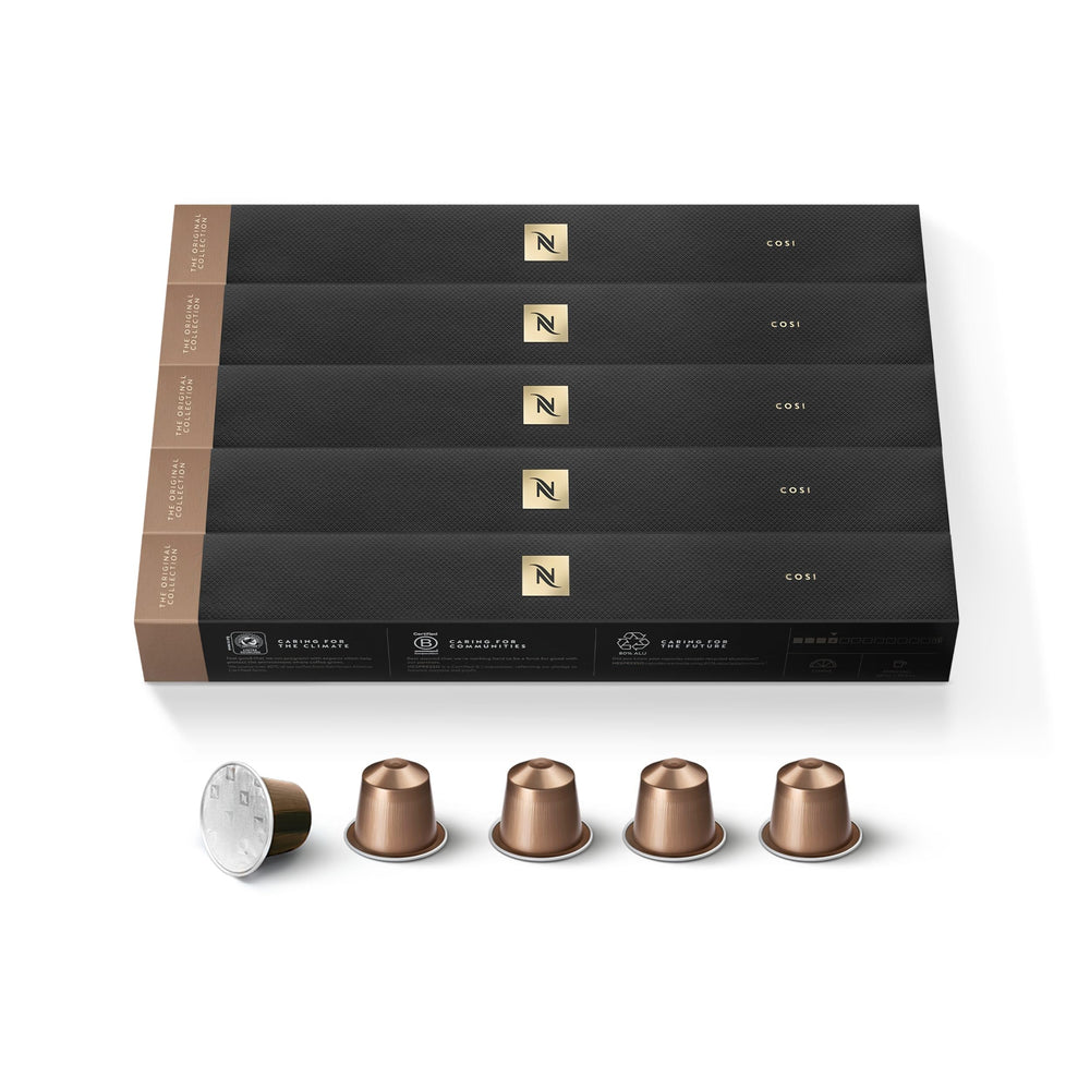 Nespresso Cosi front packaging shows 50 pods and clear branding benefit freshness
