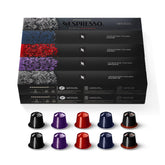 Nespresso pack front showing dark roast variety and bold branding benefits convenience
