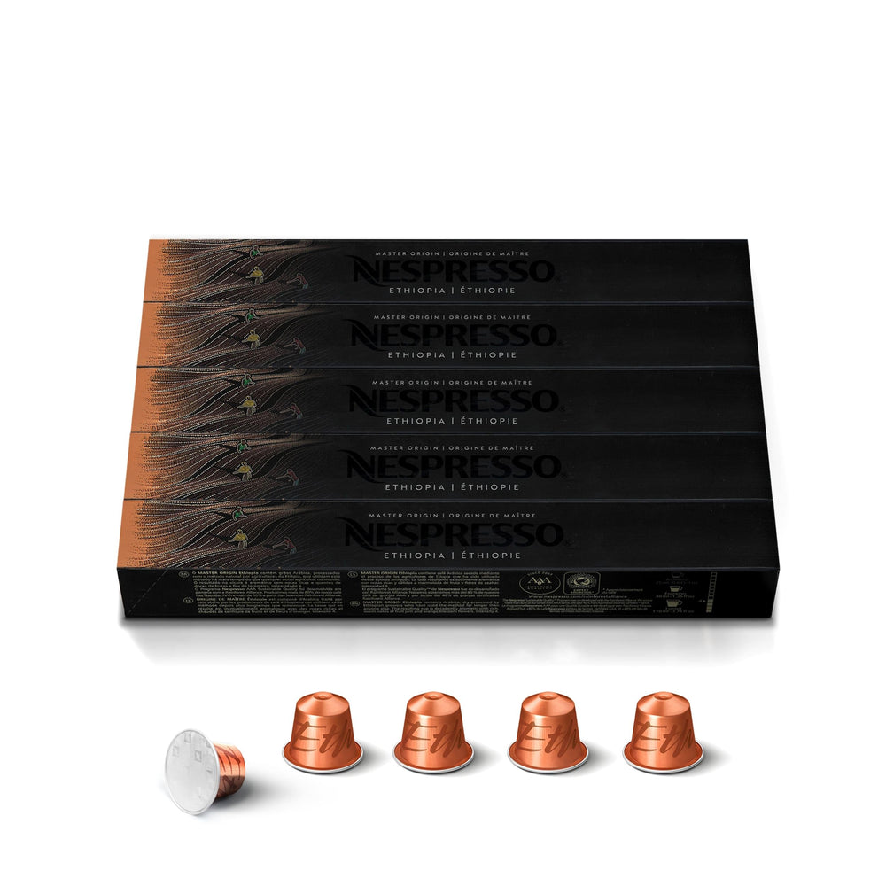 Nespresso pack front showing Ethiopia Master Origin and 50 count, highlighting aromatic profile