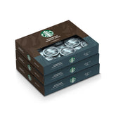 Nespresso Starbucks front packaging showing three 50-count boxes and branding benefits