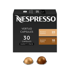 Nespresso Vertuo Bianco pack front view showing 30-count box and branding for easy selection