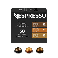 Nespresso front box showing 30-count variety pack and convenient servings