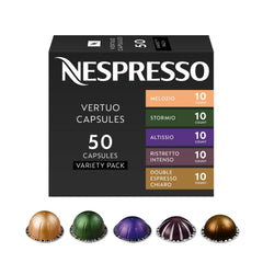 Nespresso Vertuo front pack showing assorted capsules and benefits