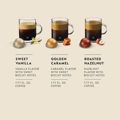 Nespresso golden caramel capsule top view showing caramel notes and rich crema benefit