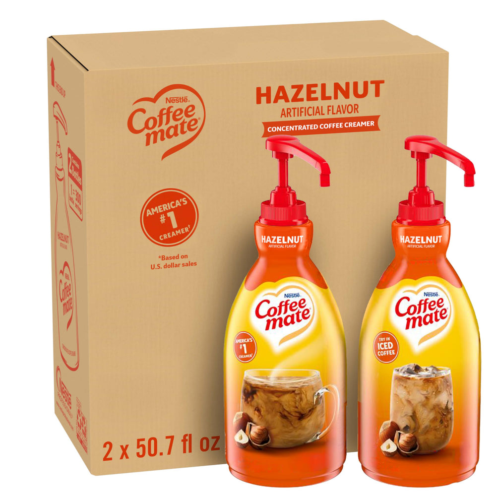 Nestle Coffee mate front packaging shows product and pump, consistent servings