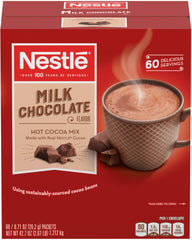 Nestle Hot Cocoa front packaging showing 60-count box and branding benefits