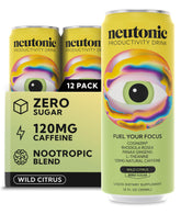 Neutonic Wild Citrus front pack showing 12-can multipack and product branding benefits