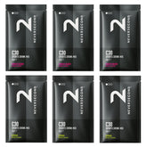 NeverSecond front packaging showing six sachets and flavors, clear travel-ready fuel