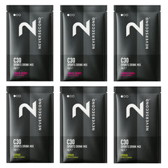 NeverSecond front packaging showing six sachets and flavors, clear travel-ready fuel