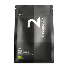 NeverSecond C30 front packaging showing 20-serving canister for easy race fueling