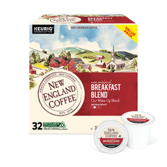 New England Coffee front packaging showing 32-count and medium roast benefit convenience