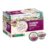 New England Coffee front box showing Colombian Supremo 12ct, clear packaging benefit