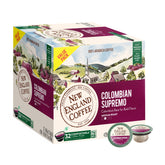 New England Coffee box front packaging showing Colombian Supremo branding and 32ct convenience