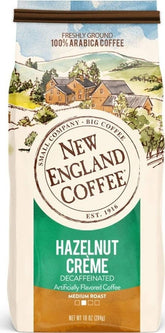 New England Coffee front packaging showing rich hazelnut flavor and convenience