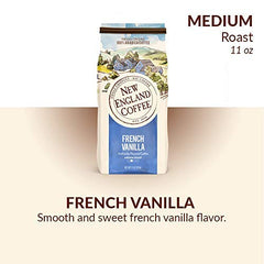 New England Coffee close-up label highlighting French Vanilla and kosher seal