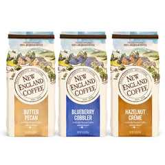 New England Coffee Butter Pecan front packaging showing rich buttery flavor benefits