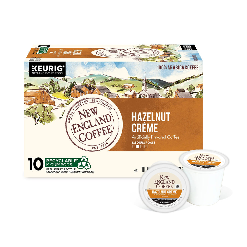 New England Coffee front packaging showing hazelnut crème flavor and convenience
