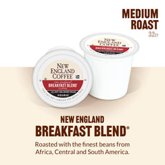 New England Coffee pod inside brewer demonstrating quick single-serve brewing benefit
