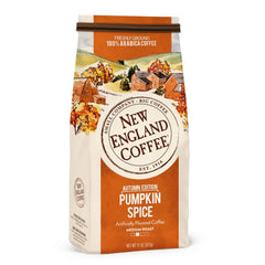 New England Coffee front packaging showing pumpkin spice label and benefits